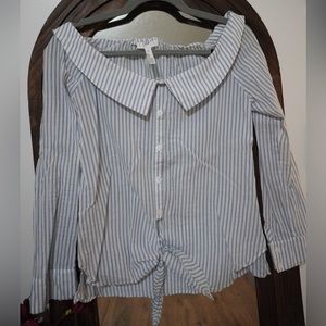 LEITH Long Sleeve White Striped Off The Shoulder Tie Front Cotton Blouse XS